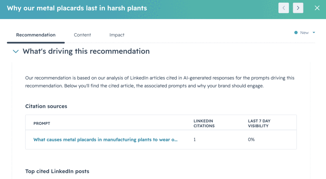 The 'What's driving this recommendation' panel showing the citation sources behind a suggested LinkedIn post
